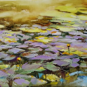 Painting landscape - Sunlight on the pond - original oil art on canvas, 100% hand-made,  waterlilies oil painting lily pond art oil original