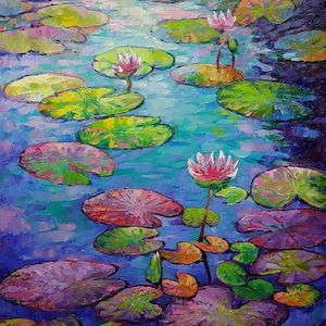 Water lilies pond - white pink flowers oil painting, original art lily pond impressionist impasto   plants painting lilies, large landscape