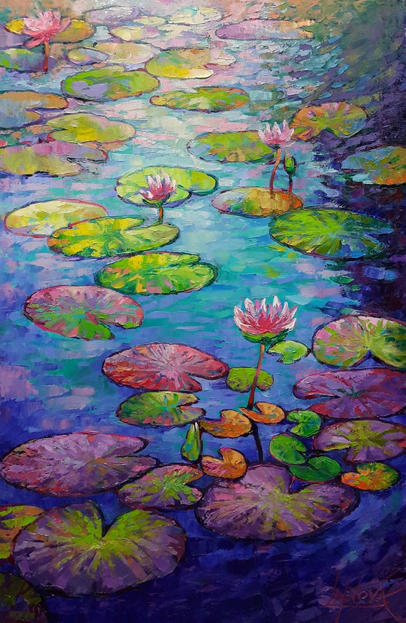 スイレンの池 – 白ピンクの花の油絵、オリジナルアートのユリの池の 