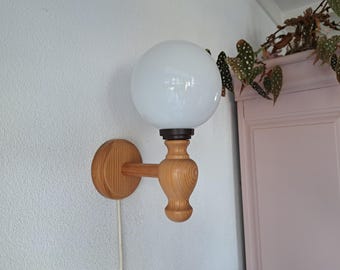Wooden wall lamp with glass ball shade 80s