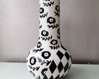 Ceramic vase blue and white with graphic print, 1980s