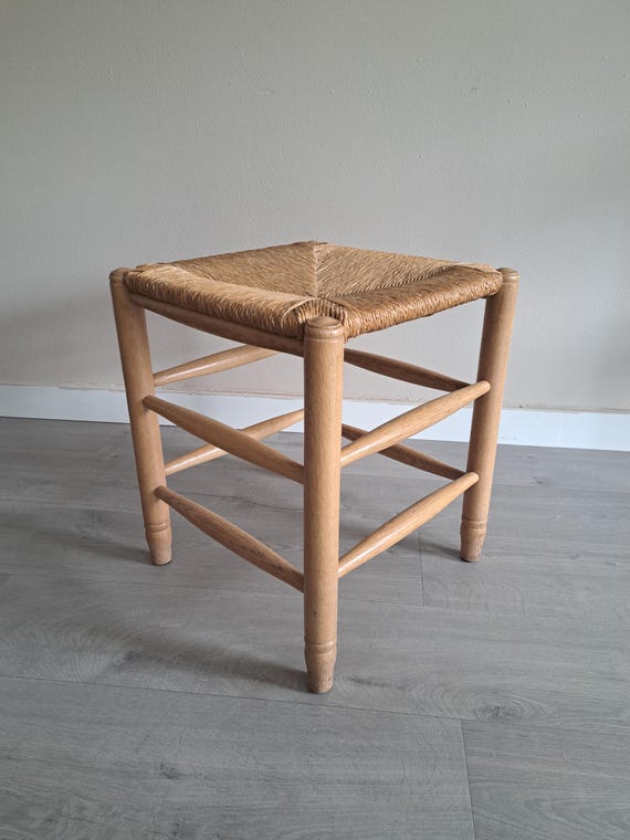Vintage Wooden Stool With Wicker Seat 1970s Charlotte
