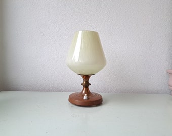 Beautiful table lamp wood, copper and a glass chalice, 1970s