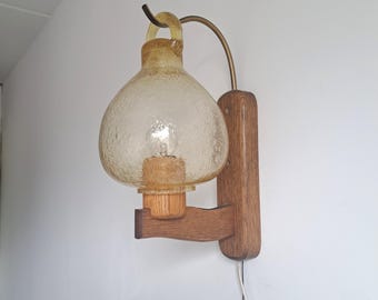 Wooden wall lamp with glass globe shade, 1970s