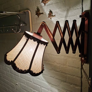 Vintage wooden scissor lamp with fabric shade, 1960s image 9