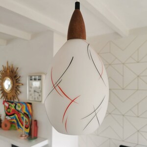 Beautiful milky white glass pendant lamp with stripe design, 80s