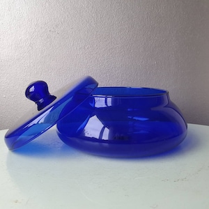 Danish design crystal glass dish with lid cobalt blue years 50