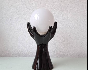Italian design ceramic table lamp in the shape of a two hands with glass ball, 70s