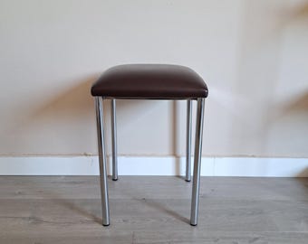 Vintage metal stool with brown seat, 1970s