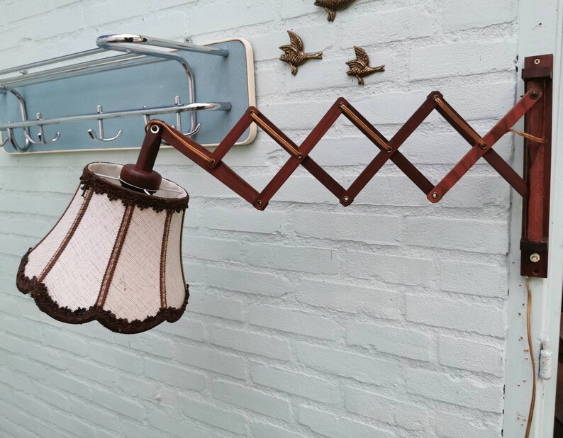 Vintage wooden scissor lamp with fabric shade, 1960s image 3