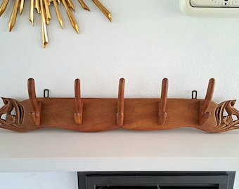 Vintage wooden wall coat rack, 1970s
