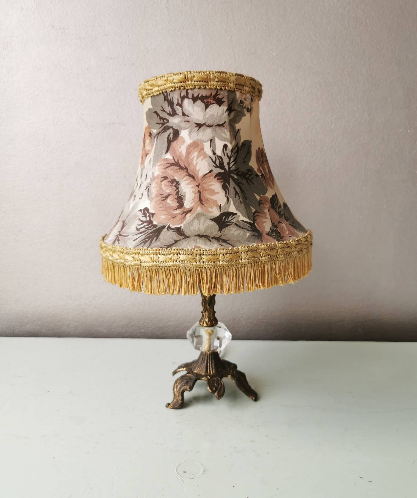 Brass Table Lamp With Fabric Shade, 80s, Hollywood Regency Style