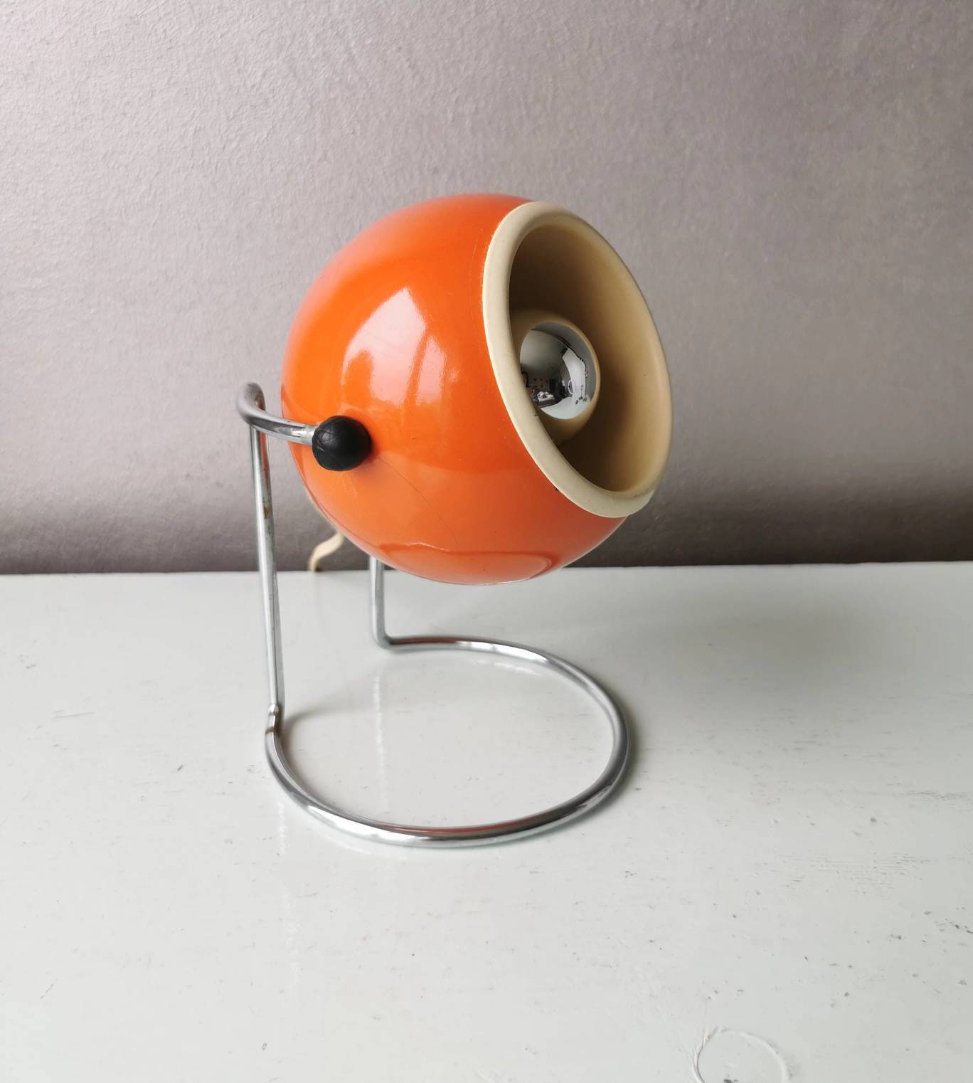 Lampe de Table Orange Vintage/Veilleuse Space Age, Globe Oculaire, Années 70