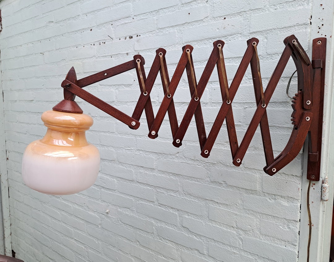 Large Wooden Scissor Lamp/scissors Lamp With Glass Shade, 1960s Etsy