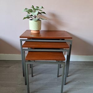 May include: Set of three nesting tables with dark wood tops and gray metal frames. A small potted plant with green and white leaves sits on the top table. The tables are arranged in a stacked configuration.