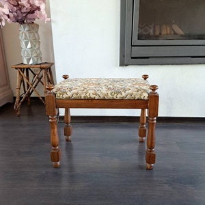 Beautiful wooden footstool with fabric upholstery, 1970s