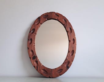 Vintage wooden oval gold mirror, 1970s