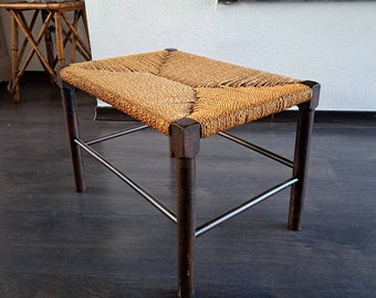 Very beautiful vintage wooden stool with braided wicker seat, 70s