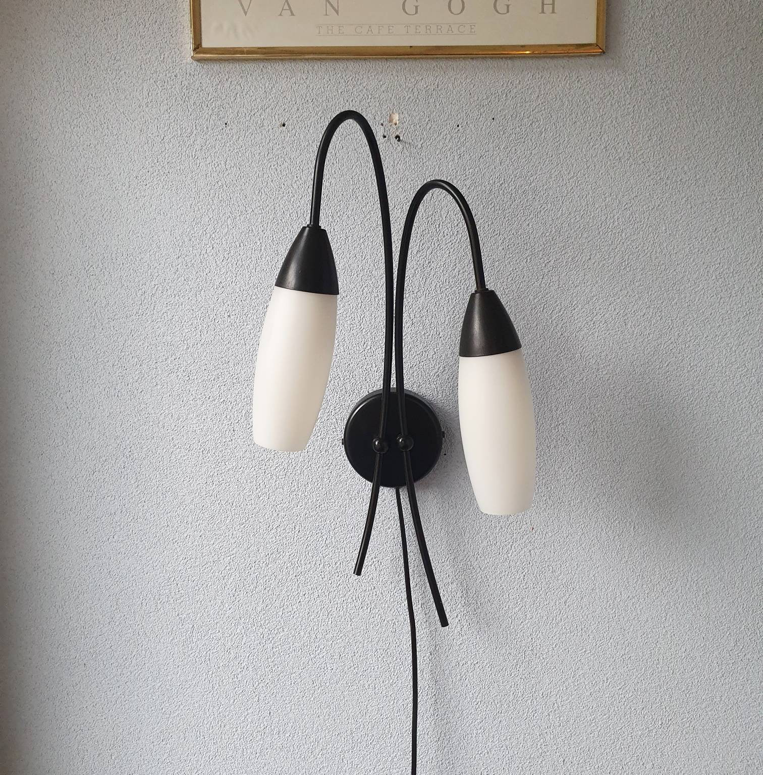 steinhauer Lumière Murale en Métal Noir avec 2 Calices Verre, Années 80