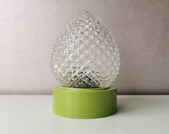 Vintage glass ceiling lamp with green plastic ring, 80s