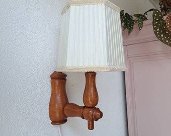 Beautiful vintage wooden wall lamp with white fabric pleated shade, 1970s