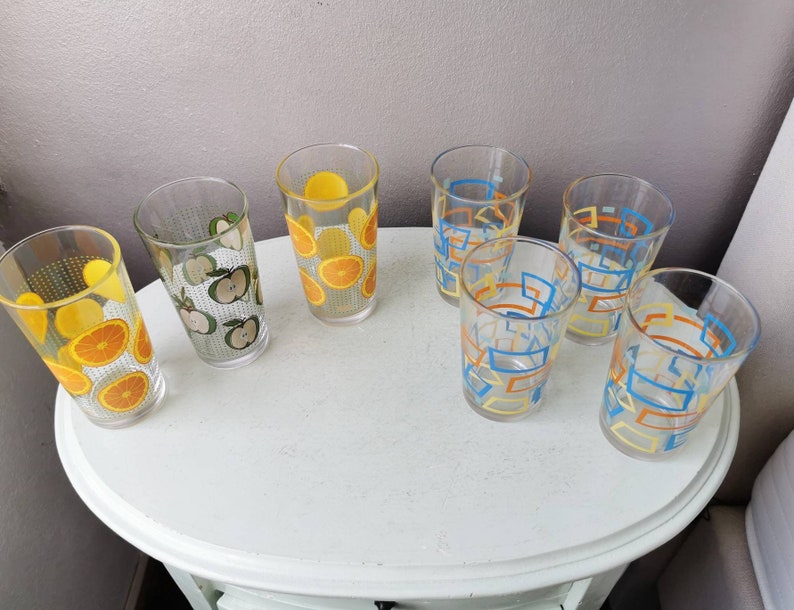 Set of 7 Vintage Drinking Glasses 80s Etsy