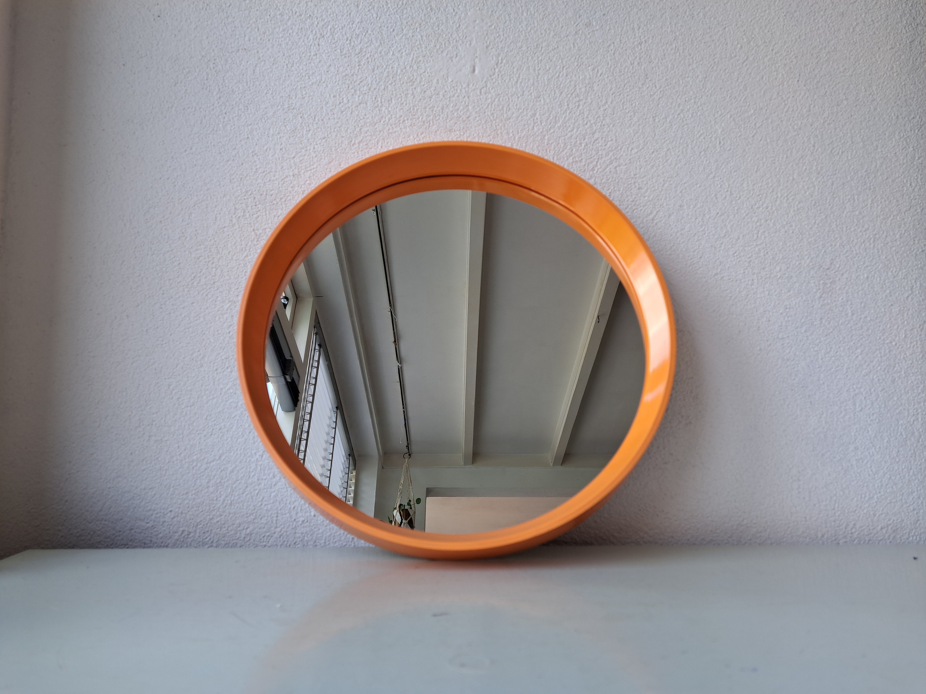 Vintage Danish plastic round orange mirror, 1970s