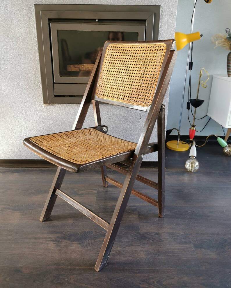 Vintage wooden folding chair with rattan seat and handrail 60s Etsy