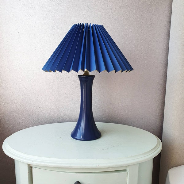 Vintage Blue Ceramic table lamp with applique pleated hood years 80