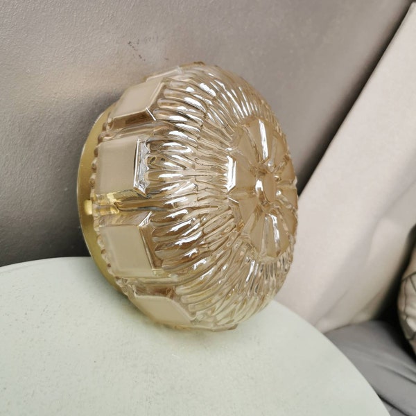 Vintage glass round ceiling lamp gold 1970s