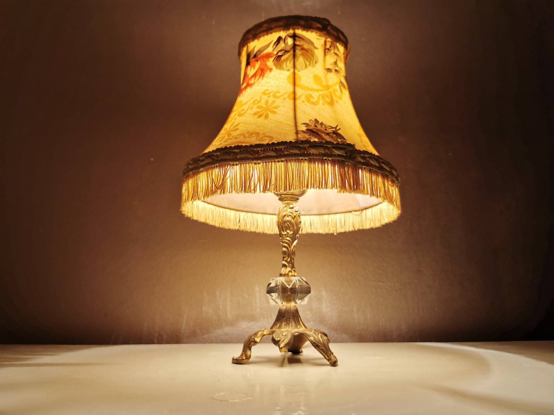 Brass Table Lamp With Fabric Shade, 80s, Hollywood Regency