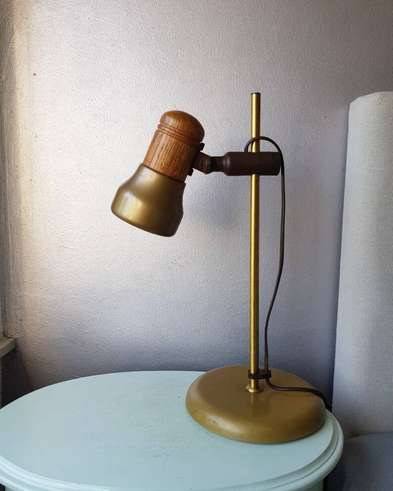 Brass Desk Lamp With Wood And Plastic Wofi Leuchten Years 80 Etsy