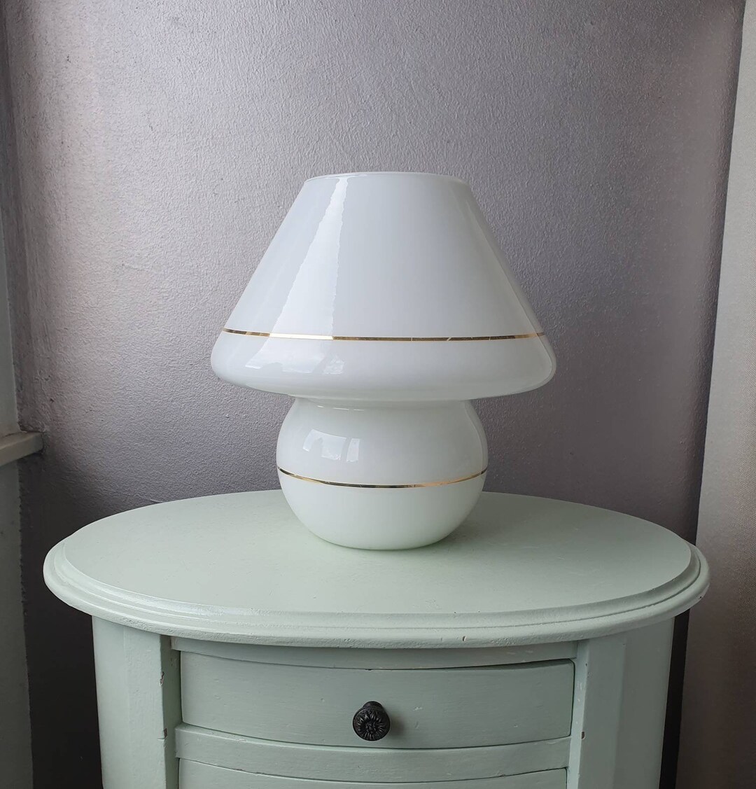 Beautiful All-glass White Mushroom Table Lamp With Gold Stripes, 80s ...