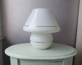 Beautiful all glass white mushroom table lamp with golden stripes, 80s, Hollywood Regency, Murano