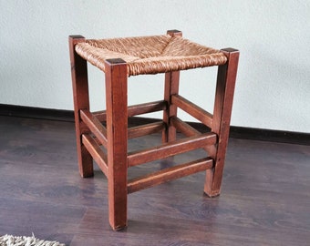 Vintage wooden stool with wicker seat 70s Charlotte Perriand style