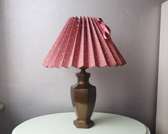 Vintage brass Table lamp with applique pleated hood, Years 70