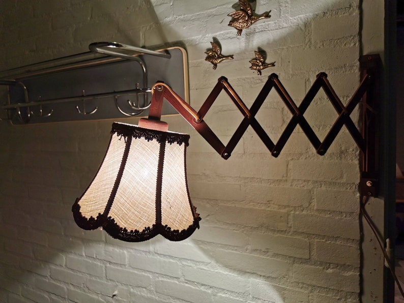 Vintage wooden scissor lamp with fabric shade, 1960s image 7