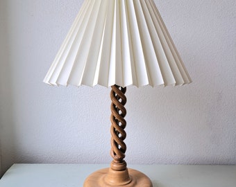 Handmade Danish wooden turned table lamp with pleated shade, 1970s