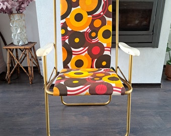 Ancien Tabouret Pliant De Camping Vintage - Motif Fleur Orange
