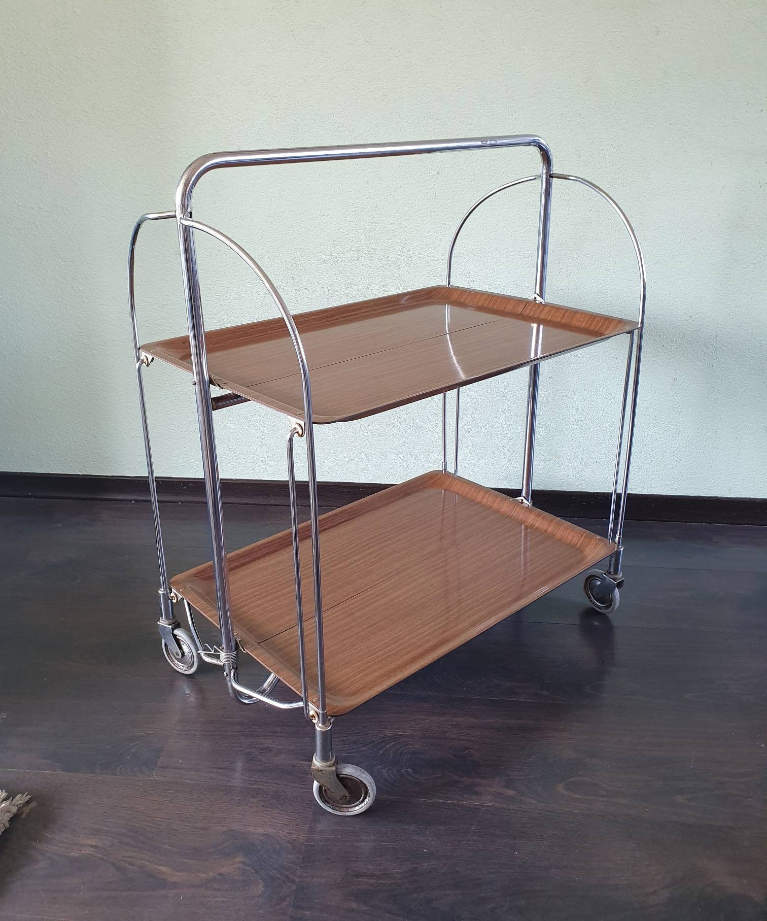 Chariot à Boissons Vintage Pliable Tri-Magic - Teck, Milieu Du Siècle, Plateau Mobile