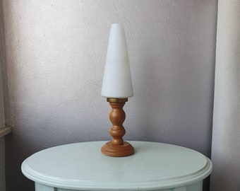 Vintage Holz Tischlampe mit weißen Glas Kelch, Jahre 80