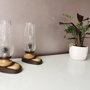 Op de afbeelding: Twee vintage tafellampen met getextureerde glazen lampenkappen en bruine bases. De lampen staan op een wit oppervlak met een plant in een pot op de achtergrond.