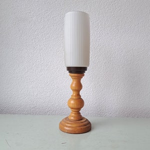 Beautiful vintage wooden table lamp with white glass shade, 1970s