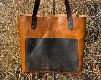 Handmade Leather Tote Bag, Leather Work Laptop Bag, Everyday Shoulder Bag, Womans Purse Handbag, Large Outside Pocket, Gift for Her, Weekend