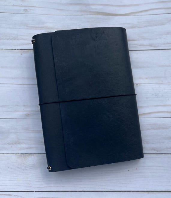 Black Trifold Leather Travelers Notebook, Wrap Around Refillable