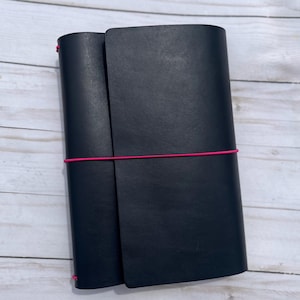 Trifold Leather Travelers Notebook, Wrap Around Refillable Planner Cover, Black and Pink Veg-Tan Customizable Leather Journal, All Sizes