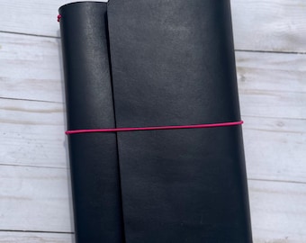 Trifold Leather Travelers Notebook, Wrap Around Refillable Planner Cover, Black and Pink Veg-Tan Customizable Leather Journal, All Sizes
