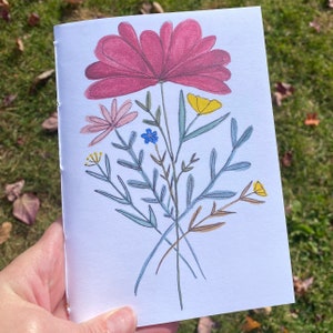 Puede incluir: Una ilustración dibujada a mano de un ramo de flores en una variedad de colores, incluyendo rosa, rojo, amarillo, azul y verde. Las flores están dibujadas en un estilo simple y caprichoso.