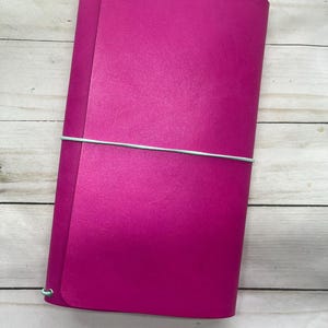 Trifold Leather Travelers Notebook, Wrap Around Refillable Planner Cover, Hot Pink Veg-Tan Customizable Leather Journal, All Sizes