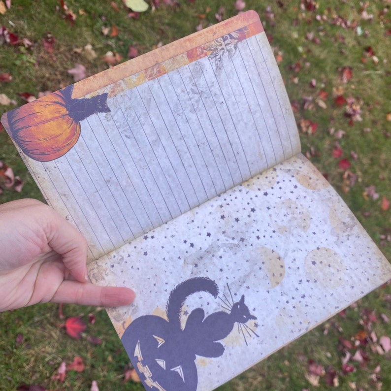 May include: An open journal with a Halloween theme. The front cover features a pumpkin with a black cat on top. The back cover features a black cat sitting on a jack-o-lantern. The pages are lined and have a vintage look.